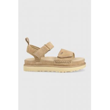 UGG sandale din piele intoarsa Goldenstar femei, culoarea bej, cu platforma, 1136783
