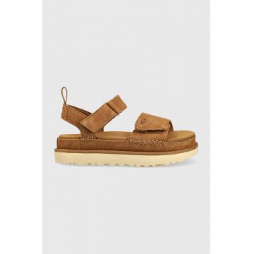 UGG sandale din piele întoarsă Goldenstar femei, culoarea maro, cu platforma, 1136783