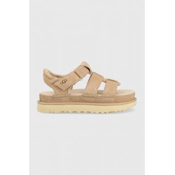 UGG sandale din piele intoarsa Goldenstar Strap femei, culoarea bej, cu platforma, 1137890