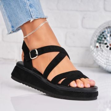 Sandale dama cu platforma Negre din Piele Ecologica Intoarsa Jessa