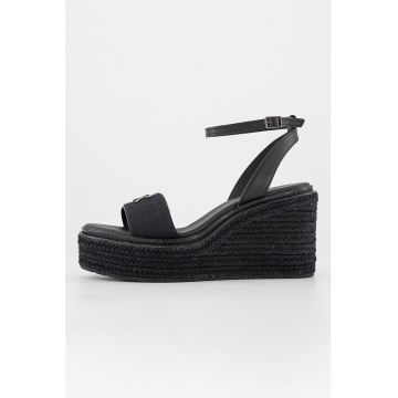 Sandale wedge de piele cu aplicatie impletita de iuta
