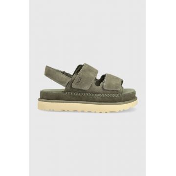 UGG sandale din piele intoarsa Goldenstar femei, culoarea verde, cu platforma, 1141493
