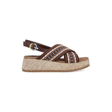 Sandale wedge de piele ecologica si material textil