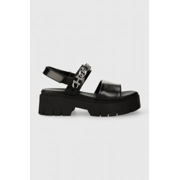 HUGO sandale de piele KrisSandal femei, culoarea negru, cu platforma, 50513534