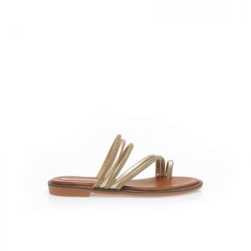 Sandale aurii cu barete multiple din imitație de piele și strasuri și design cu inel