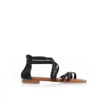 Sandale negre din imitație de piele cu barete multiple cu împletitură și design cu inel