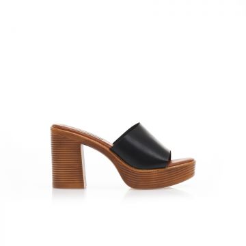 Mules Negri imitație de piele cu fiapa și effect de lemn pe toc