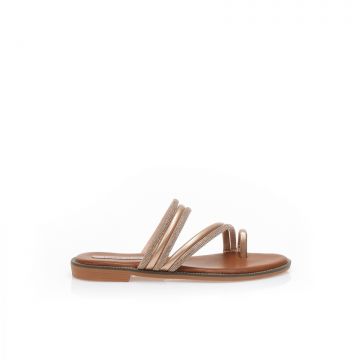 Sandale bronze cu barete multiple din imitație de piele și strasuri și design cu inel