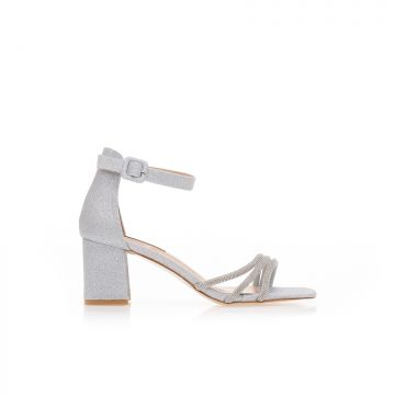 Sandale cu toc Argintiu lurex cu căpută cu strasuri