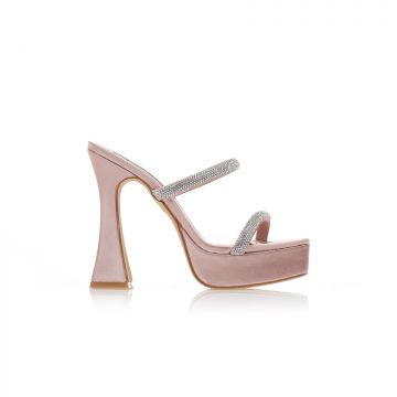 Sandale cu toc Mules Bronze Satin cu fiapa și barete duble cu strasuri