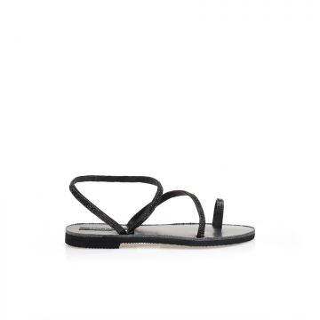 Sandale negre din imitație de piele cu design cu inel cu strasuri