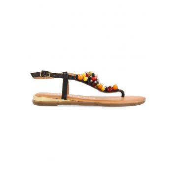 Sandale de piele cu bareta separatoare si aplicatii - Negru
