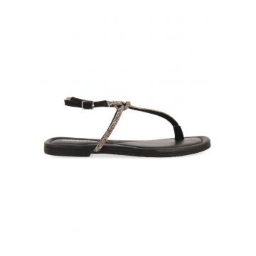 Sandale de piele intoarsa cu bareta separatoare si strasuri Burnt - Negru