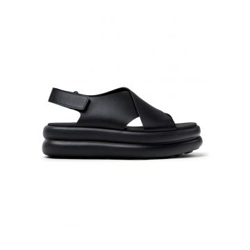 Sandale din piele cu talpa flatform si segment cu inchidere velcro - Negru