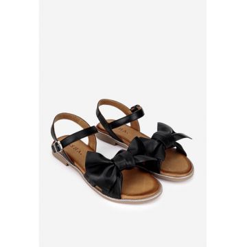 Sandale dama negre din piele naturala accesorizate cu funda