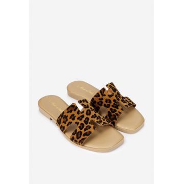 Sandale dama tip papuc din piele maro animal print
