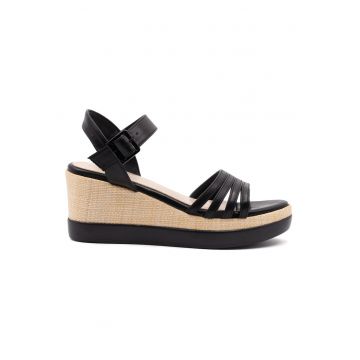 Sandale wedge din piele ecologica - Negru