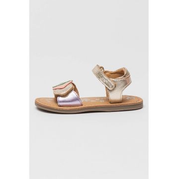 Sandale din piele cu inchidere velcro si aspect metalizat