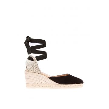 Sandale wedge de piele intoarsa - cu bareta infasurabila