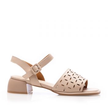 Sandale elegante damă cu toc mic din piele naturală, Karisma - 4004 Cappuccino Box Perforat