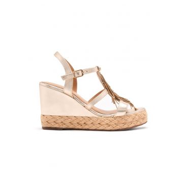 Sandale wedge de piele cu franjuri - Auriu