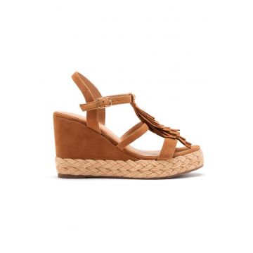Sandale wedge de piele cu franjuri - Caramel