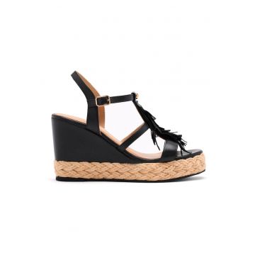 Sandale wedge de piele cu franjuri - Negru