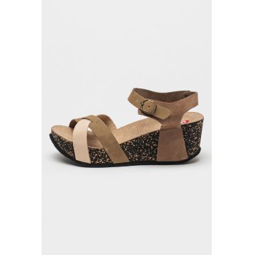 Sandale wedge de piele nabuc cu catarama