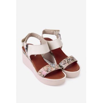 Sandale dama bej din piele naturala cu imprimeu multicolor
