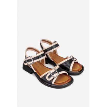 Sandale dama din piele naturala neagra cu model