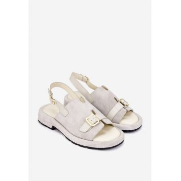 Sandale dama  gri din piele intoarsa cu insertie piele box bej