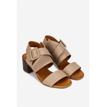 Sandale dama  taupe din piele cu model perforat