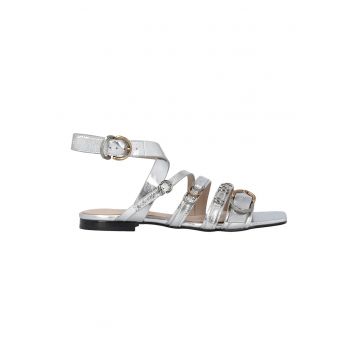 Sandale de piele cu barete multiple si aspect metalizat
