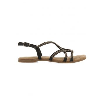 Sandale de piele cu talpa plasat si strasuri - Negru