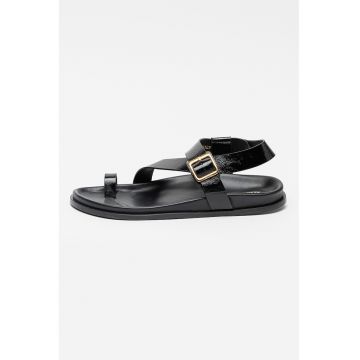 Sandale de piele cu talpa plata si catarama - Negru