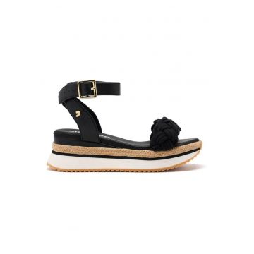 Sandale din piele ecologica cu talpa demi-wedge - Negru