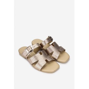 Sandale stil papuc dama din piele auriu roze cu model