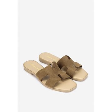 Sandale stil papuc dama din piele intoarsa taupe