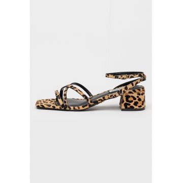 Sandale cu toc masiv si model animal print - Maro inchis/Caramel