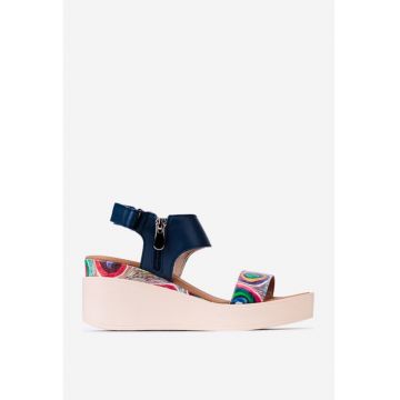 Sandale dama navy din piele cu imprimeu geometric colorat