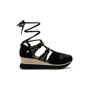Sandale din piele intoarsa cu talpa demi-wedge - Negru