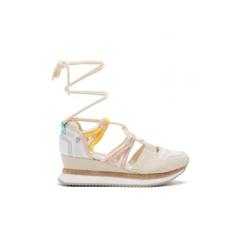 Sandale din piele intoarsa cu talpa demi-wedge si insertii din material textil