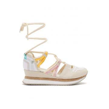 Sandale din piele intoarsa cu talpa demi-wedge si insertii din material textil - Alb