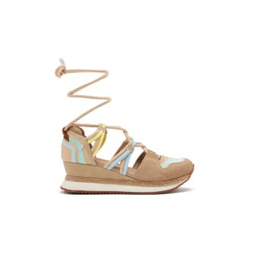 Sandale din piele intoarsa cu talpa demi-wedge si insertii din material textil