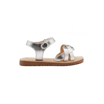 Sandale din piele cu talpa plata si inchidere velcro - Argintiu