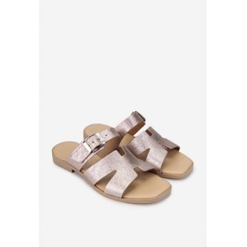 Sandale stil papuc dama aurii roze din piele sidefata
