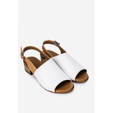 Sandale dama din piele alba cu bareta maro