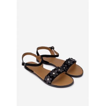 Sandale dama din piele intoarsa neagra cu ornament flori