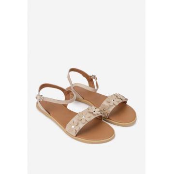 Sandale dama din piele naturala bej cu ornament flori