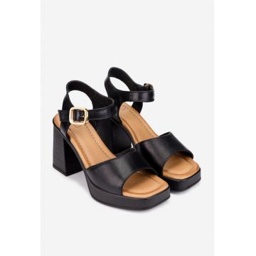 Sandale dama  negre din piele naturala cu toc
